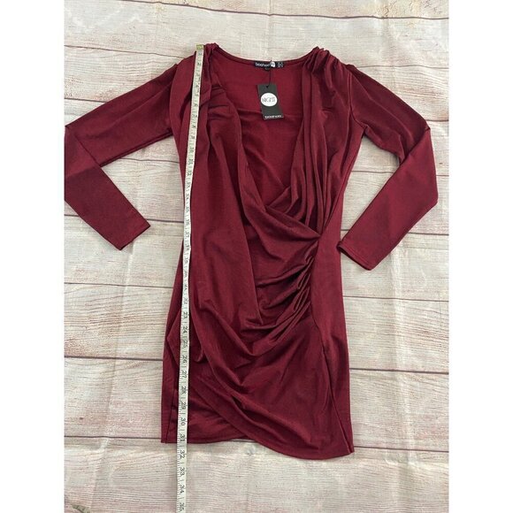 NWT BooHoo Burgundy Long Sleeve Ruched Bodice Dress - 10 - Picture 4 of 12